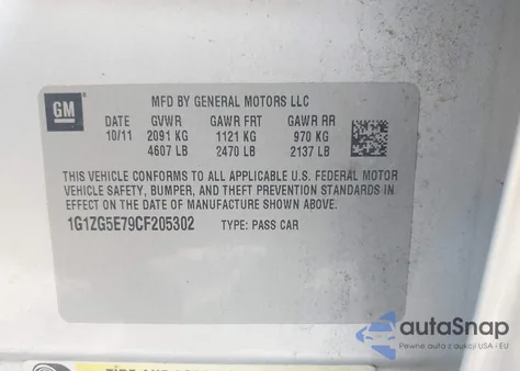 2012 Chevrolet Malibu 2Lz z USA, uszkodzony, nr VIN 1G1ZG5E79CF205302